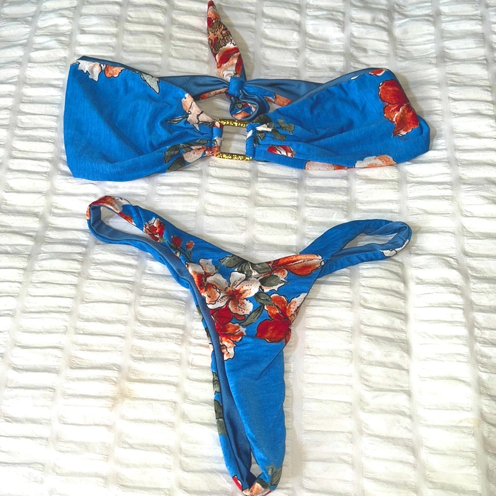 High waisted bandeau thong bikini. Size Small, blue and pink with gold detail